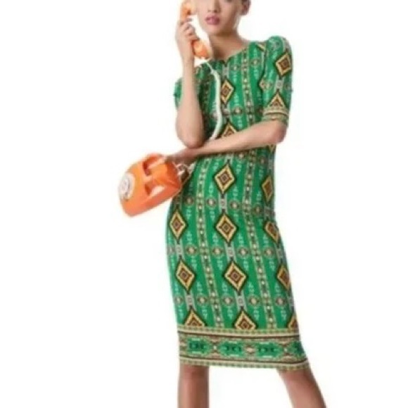 Alice and Olivia Emerald Delora Mystic Ikat Sheath Midi DressGreen - Picture 3 of 7